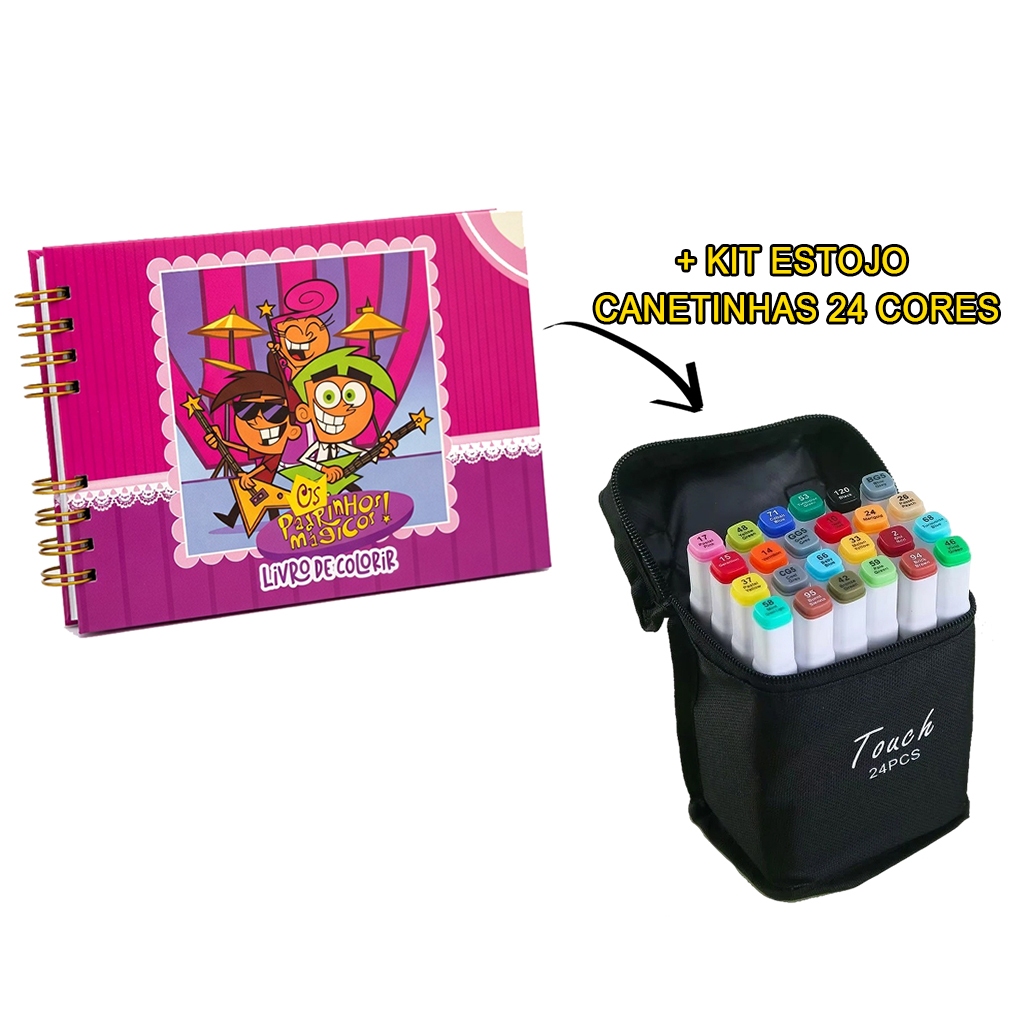 LIVRO DE COLORIR PADRINHOS MAGICOS + KIT CANETINHAS 24 CORES - CAPA DURA (50 PAGINAS)