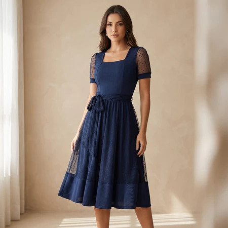 Vestido Mídi Godê Tule Feminino Moda Evangélica