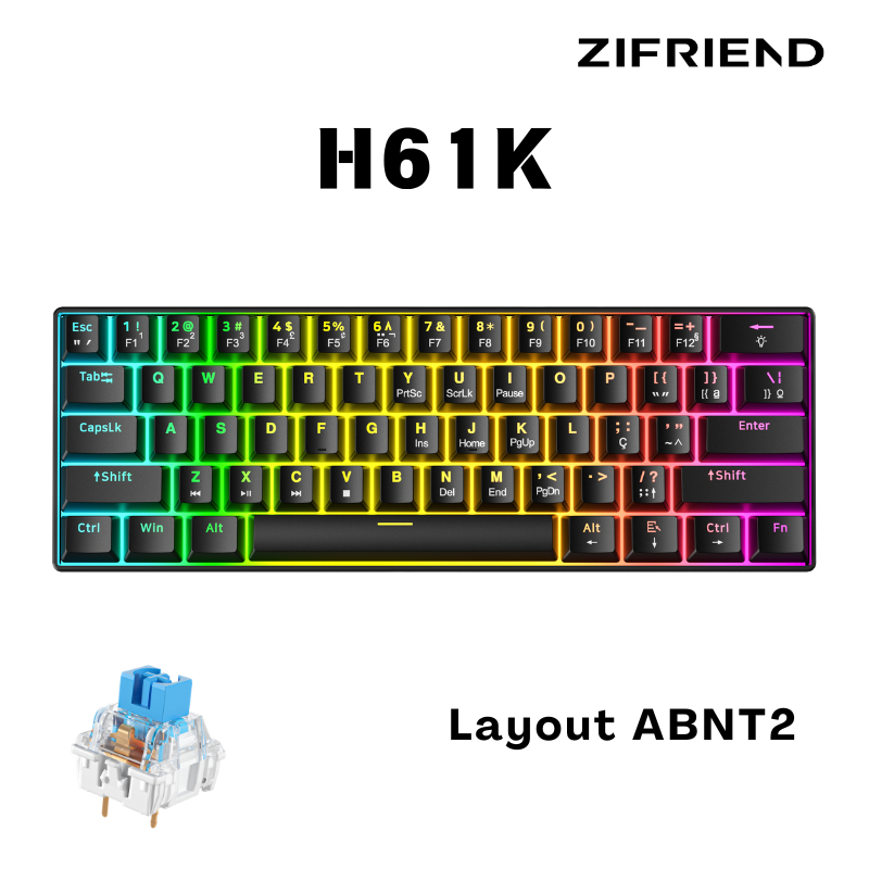 ZIFRIEND H61K Teclado mecânico 60% ABNT2 Switche Red/Blue Rainbow