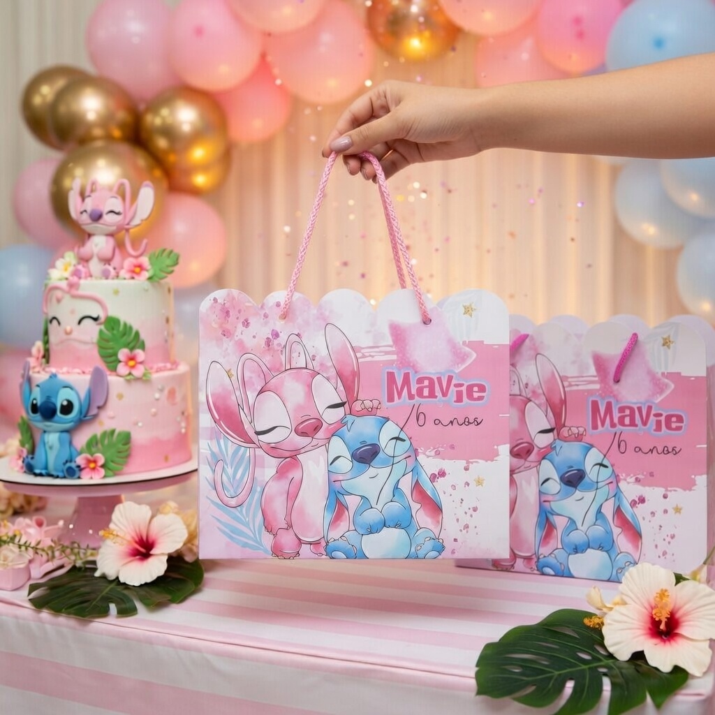 Sacolinhas Personalizadas Festa Infantil Tema Stitch e Angel Formato...