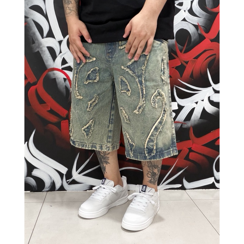 Bermuda Jorts Baggy “Patchwork Tribal” Wash Vintage | Shopee Brasil