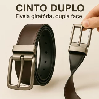Cinto Masculino Dupla Face em Couro com Fivela Giratória Reversível Social Casual Confortável
