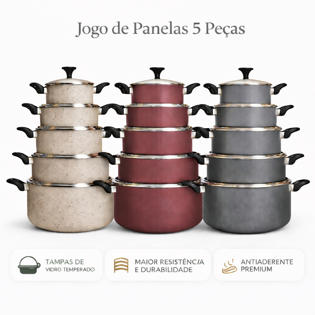 Jogo de Panelas 5 Peças Antiaderente Com Tampa de Vidro Para Cozinha Alumbella