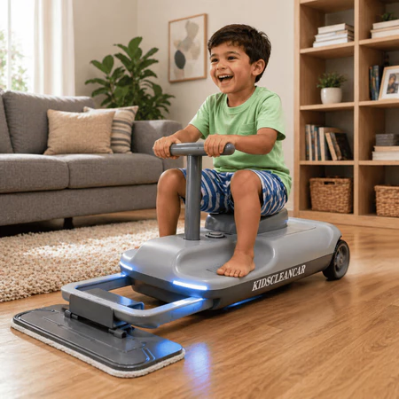 Carrinho Infantil Elétrico 12V 360° Com Led 2Em1 Mop Limpeza Cinza, Rosa ou Verde Suporta 70kg Brinquedo Educativo