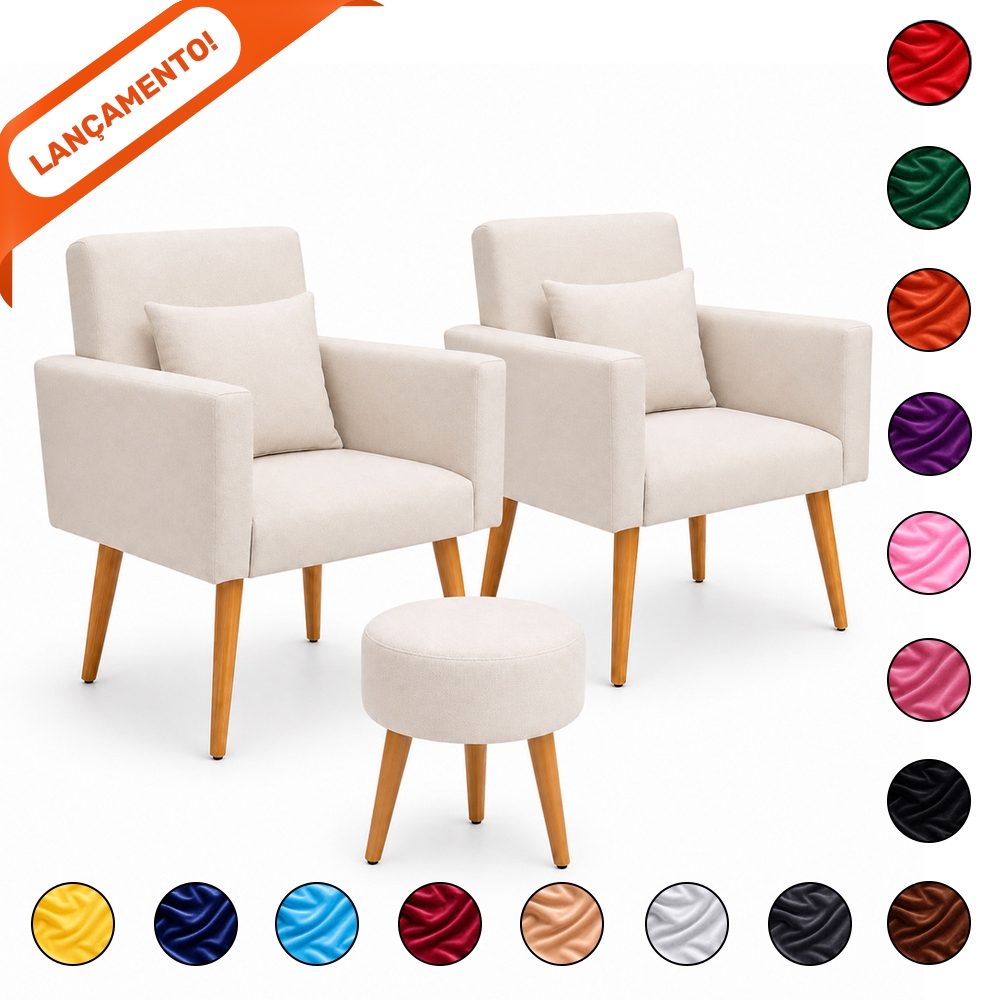 Kit 02 Poltronas para Sala Decorativa Nina com Almofada e Puff