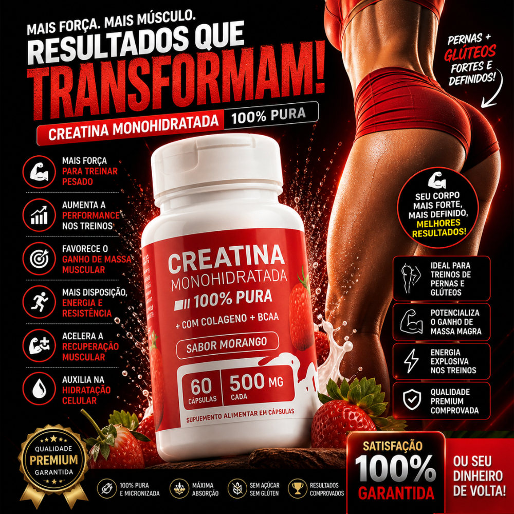 Creatina Feminina com Colágeno e BCAA - Sabor Morango - Ganho de Glúteos, Massa Muscular e Definição