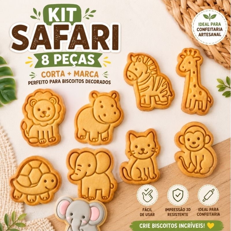Kit 8 Cortadores Marcador e Molde Tema Safari Para Biscoitos