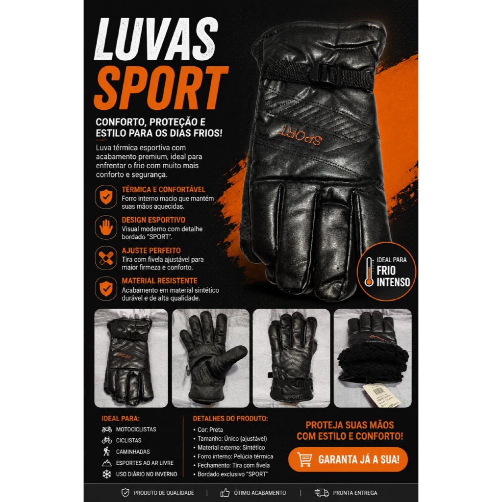 Luva Térmica Sport Masculina Inverno Frio Intenso Moto Bike 