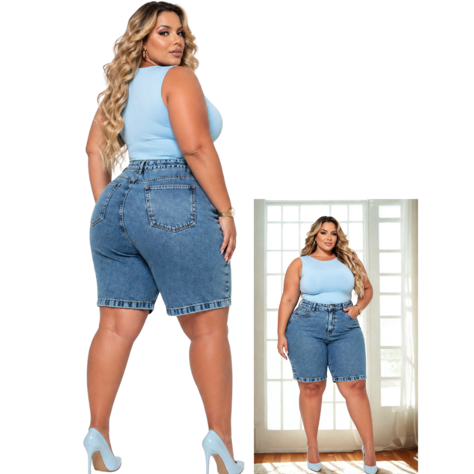 Short Plus Size Feminina Jorts Bermuda 100%Algodão Cintura Alta Meia ...