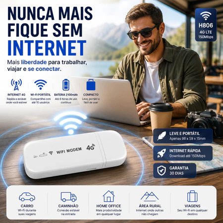 Modem Roteador WiFi 4G LTE USB Portátil 150Mbps Com Chip Até 10 Usuários Para Carro Viagem Home Office