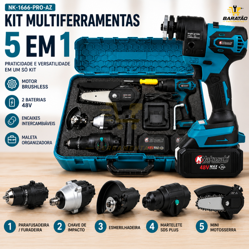 Kit 5 Em 1 Furadeira Martelete Esmerilhadeira Serra 48V Brushless