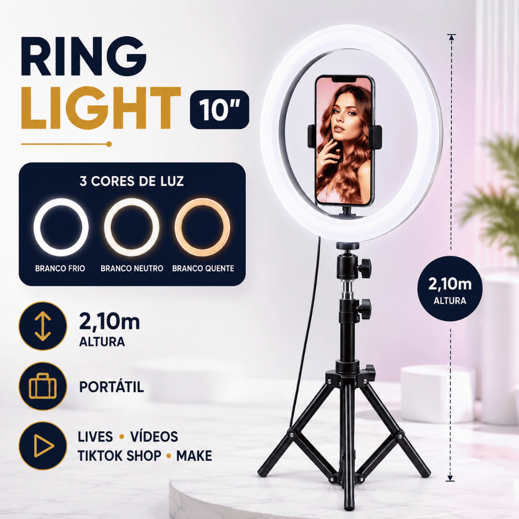 Ring Light Iluminador 10 Polegadas com Tripé 2.10m LED para Celular Live Maquiagem