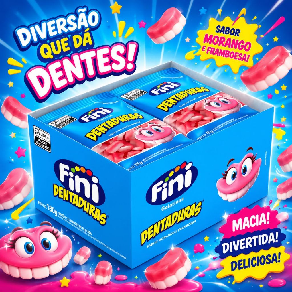 Balas Fini Mini Dentaduras Gelatina Morango Framboesa Caixa Com 12 ...