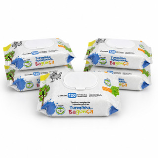 Kit 5 Toalhas Umedecidas Turminha da Bagunça 120 Folhas Lenço Umedecido Vegano Hipoalergênico