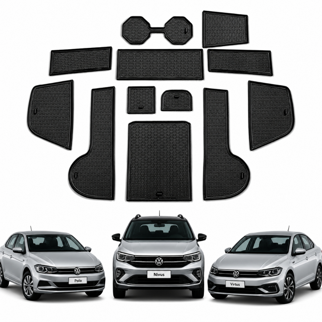 Kit Jogo Tapete Borracha Automotivo Porta Objetos Portas Porta copos Completo VW - Virtus Nivus Polo Mk6