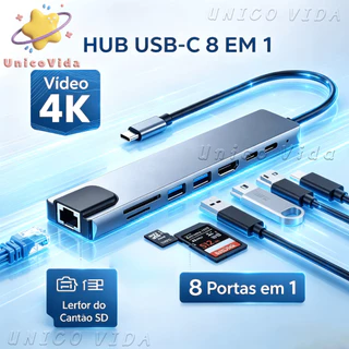 Hub USB C 8 em 1 Multiportas HDMI 4K PD USB 3.0 Adaptador para MacBook Notebook PC | UnicoVida
