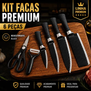 Kit Facas Premium Antiaderente Aço Inox 6 Peças + Tesoura e Descascador