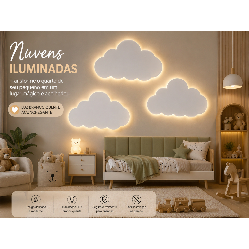 Luminária Nuvem 3 Abajur Infantil com Led Decoração para Quarto infantil