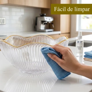 Fruteira Saladeira Acrílico Centro de Mesa Borda Dourada Canelado Com Pé Luxo Sofisticado Decoração
