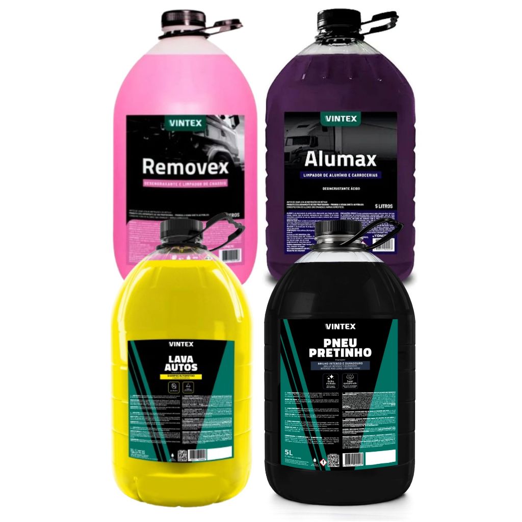 Kit Lavagem Automotiva Vintex Vonixx Lava Autos Alumax Removex Pneu Pretinho 5L