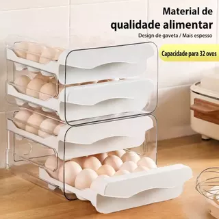 Gaveteiro duplo em plástico tipo porta 32 ovos com para cozinha geladeira
