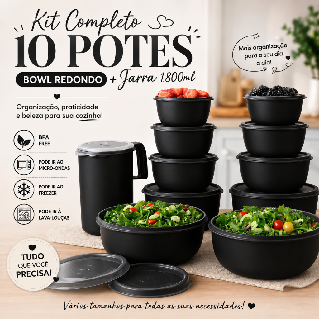 Kit 10 Potes Bowl + Jarra 1.800 | Shopee Brasil