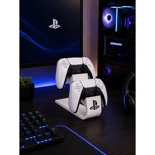 Suporte Para 2 Controles Duplo PS5/PS4 Branco e Preto Logo Em Alto Relevo Decoração Mesa Setup Gamer