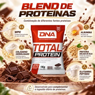 Total Protein Whey Proteina 1kg Chocolate DNA Suplementos Ganho de Massa e Recuperação Muscular