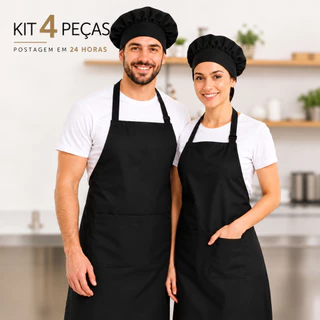 Kit 4 Peças 2 Aventais Preto Oxford + 2 Toucas Cozinha Profissional Unissex Restaurante Padaria