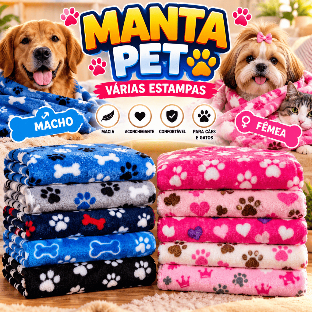 Manta Pet Cobertor Estampado Cachorro e Gato Macho e Femea 0,90x1,10