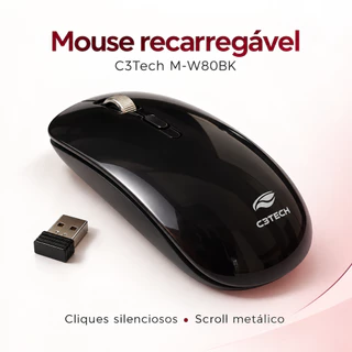 Mouse Sem Fio Recarregável Silencioso USB-C C3Tech M-W80BK 1600 DPI Preto