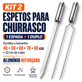 Kit 2 Espetos para Churrasco Espada Duplo 40 50 60 70 80cm Aluminio Reforçado Churrasqueira Profissional