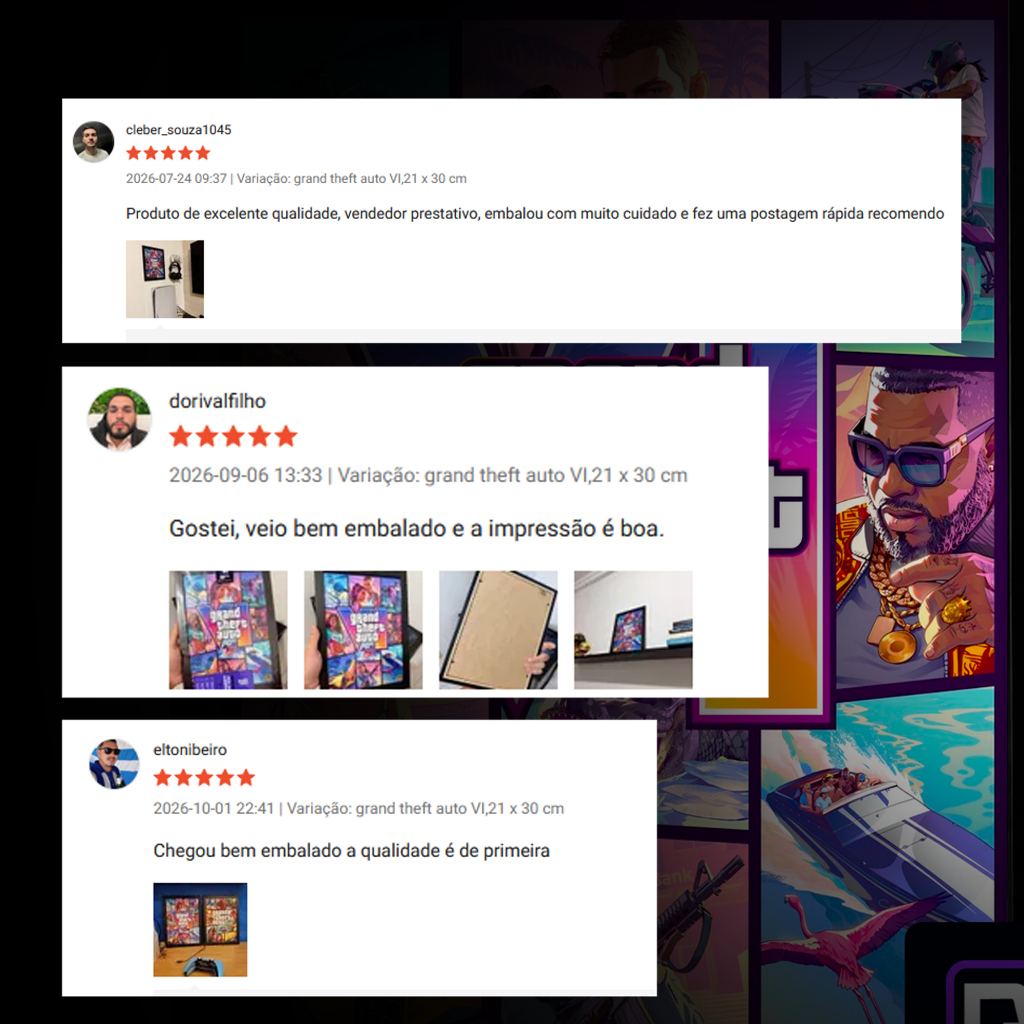 Quadro Decorativo GTA VI / GTA 6 Gamer A4 21x30cm com Moldura Preta — imagem 3