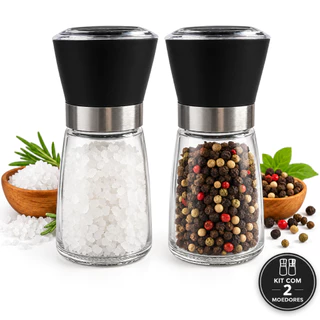 Kit 2 Moedores de Sal Pimenta Temperos e Especiarias de Vidro Preto com Inox 175ml 5 Regulagens