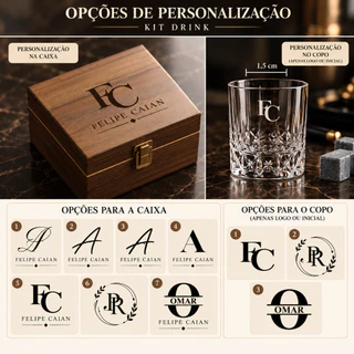 Kit Drink Copo de Whisky Personalizado com Copo Pedras de Gelo Pinça Caixa de Madeira Presente