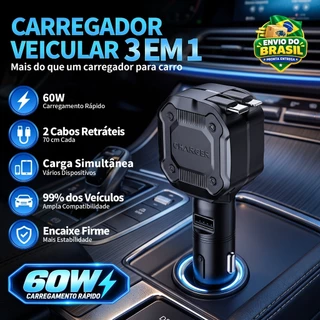 Carregador Veicular 60W 3 em 1 Retrátil Carro Moto Caminhão USB Tipo-C iPhone 12V 24V Envio BR