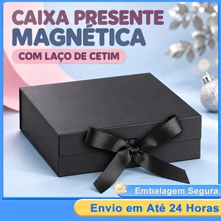 Caixa Presente Rigida Dobrável Preta Fecho Magnético Fita Cetim Caixa Papelão para Aniversário 3 Tamanhos