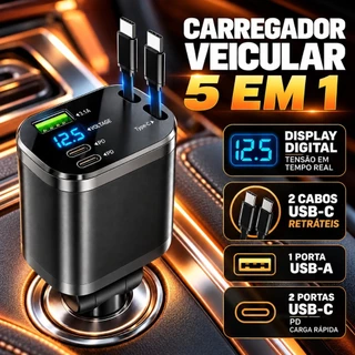 Carregador Veicular Retrátil 5 em 1 com Display Digital de Voltagem USB-C PD 12V-24V