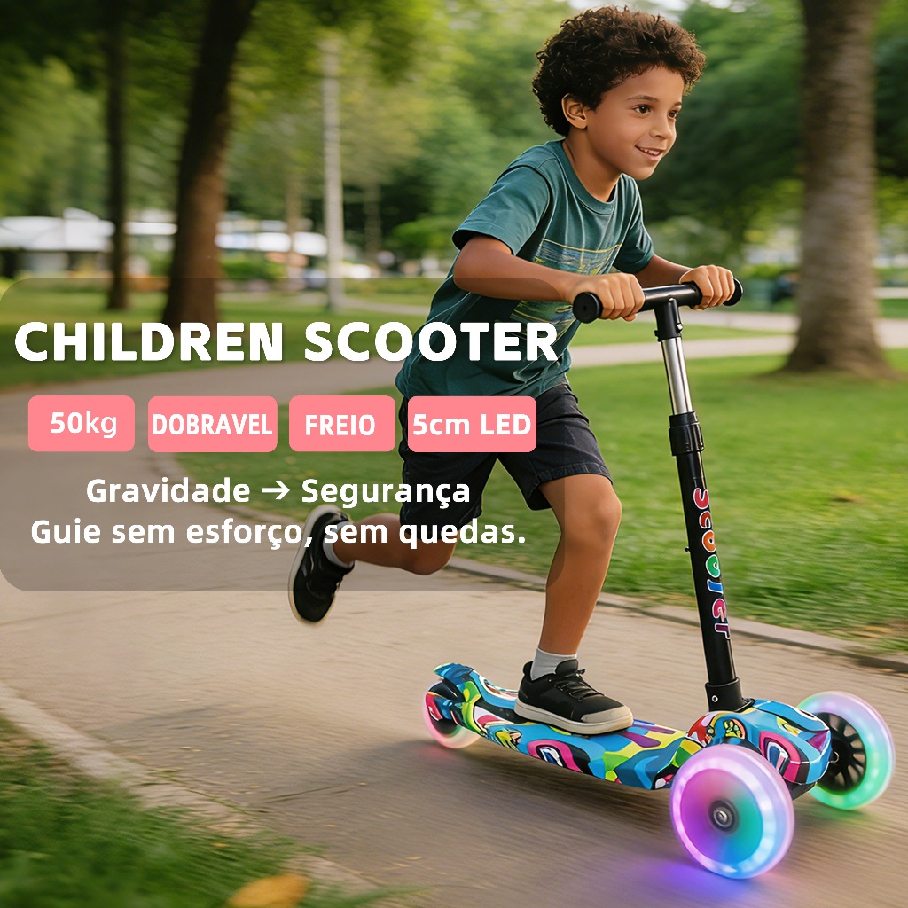 Patinete Infantil 4 Rodas Dobrável com Rodas Grandes Luz Led Freio ...