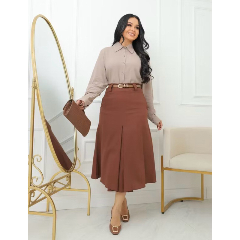 Saia Longa Alfaiataria Fit e Flare Feminina Moda Evangélica Cintura Alta Fenda Fechada