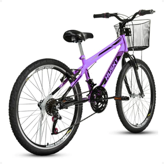 Bicicleta Aro 24 Feminina 18 Marchas Menina Lilás com Cesta Husky