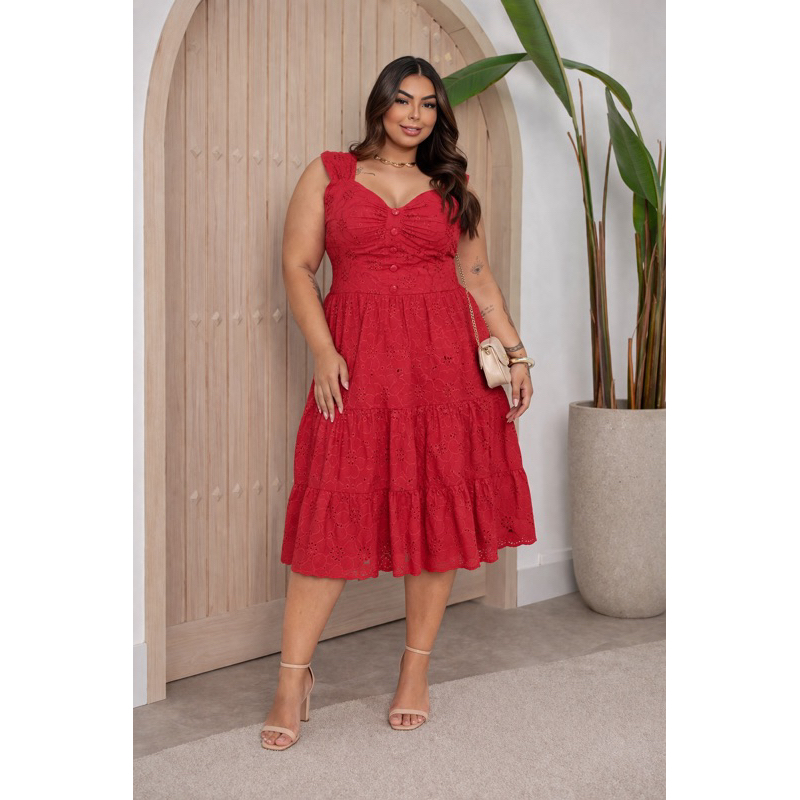 e l's Red 約21m vestido midi renda lesser com algodão plus size | Shopee Brasil