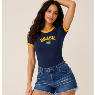 Camiseta Feminina Bandeira do Brasil Bordada Torcedor Premium de Algodão em Oferta na Shopee