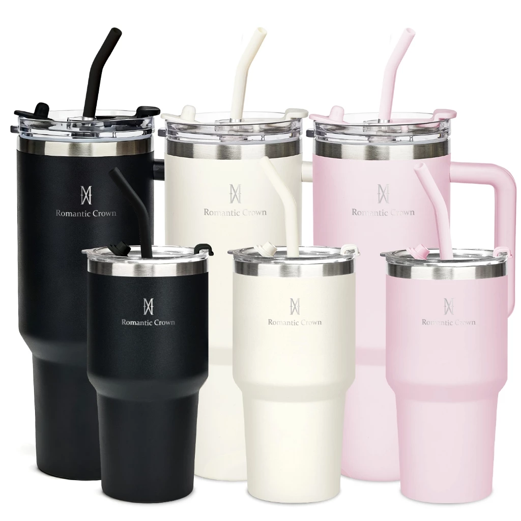 ROMANTIC CROWN Kit 2 Copo Térmico Inox Portátil 1200ml/600ml Garrafa Térmica Inoxidável com Tampa e Canudo - Imagem 2