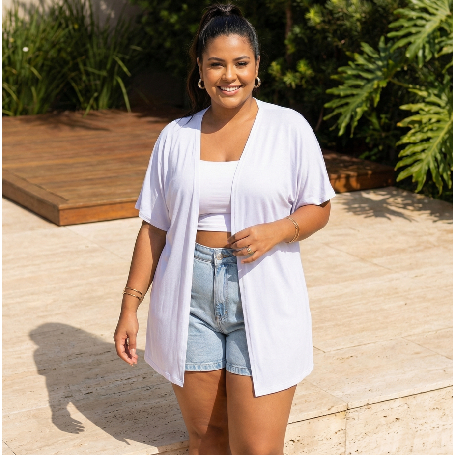 Kimono Soltinho Manga Larga Estilo Sobreposição Plus Size Malha