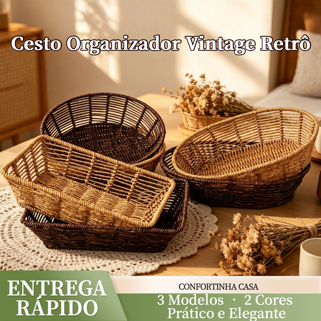 Cesto Organizador Rattan Plastico Multiuso Vintage para Cozi