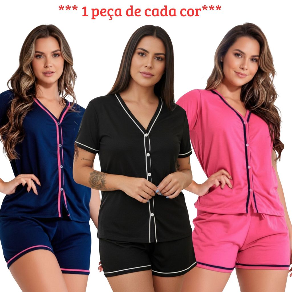 Três modelos vestindo pijamas estilo americano nas cores azul marinho, preto e rosa, todos com abertura frontal por botões e detalhes em contraste.