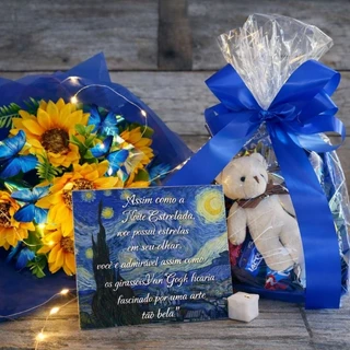 Buquê de Girassóis estilo Van Gogh com Luz LED + Cesta Coração Chocolate e Ursinho Presente Criativo