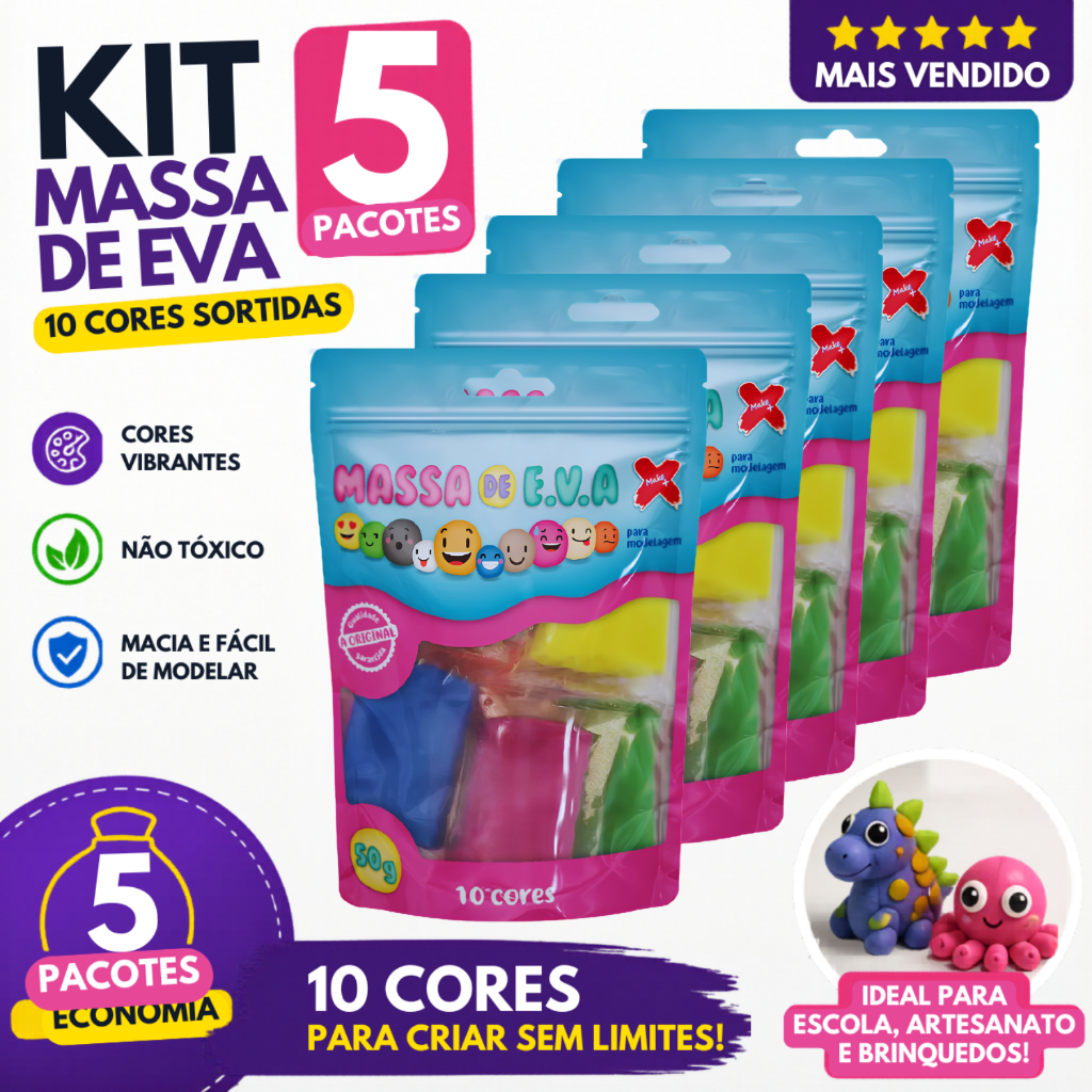 Massinha de EVA Make+ 5 pcts de 50gr com 10 cores em cada - Kit