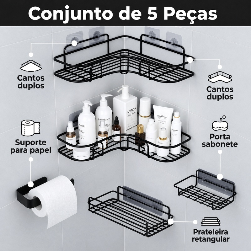 Suporte Prateleira Porta Shampoo Organizador De Canto Com Adesivo